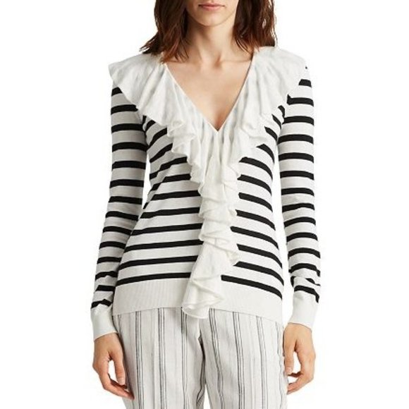 LAUREN Ralph Lauren Ruffle-Trim Striped Sweater NWT - Size Small - Picture 1 of 3